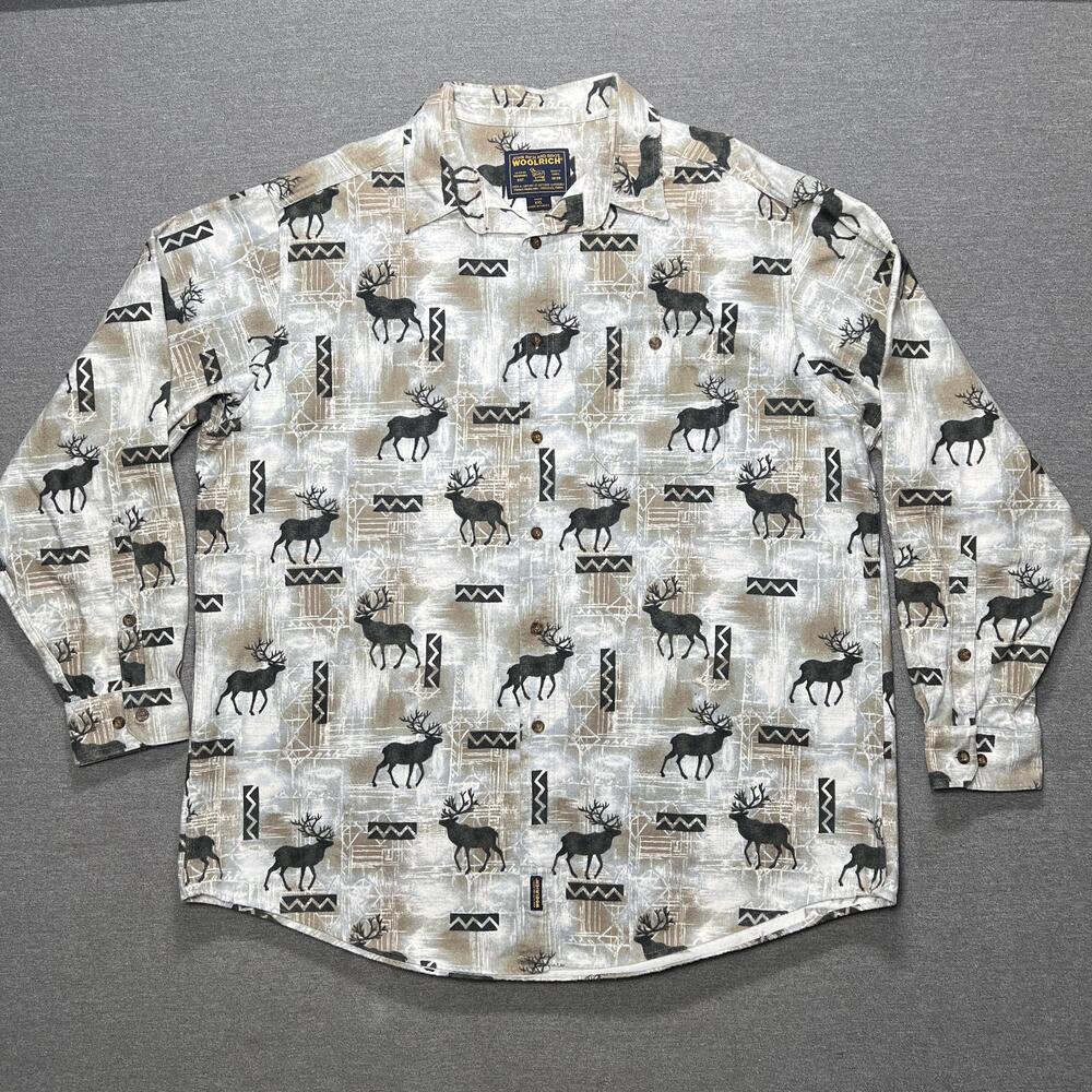 Vintage Woolrich Shirt Mens 2XL Gray Wildlife Print Flannel Button Up Outdoor